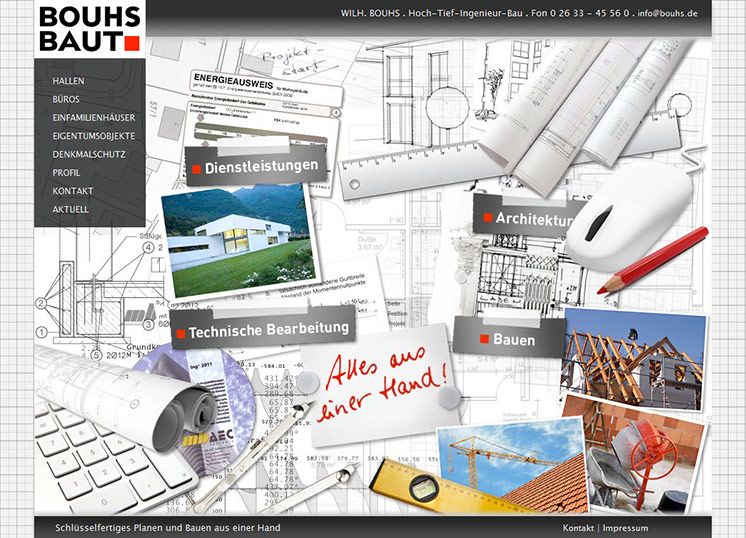 Webseite inkl. CMS für WILH. BOUHS - Hoch-Tief-Ingenieur-Bau, Bad Breisig. Die Gestaltung und Strukturierung der Webseiten fand in enger Zusammenarbeit mit der Geschäftsführung statt. Über das Content-Management-System kann das überregional bekannte Bau/
