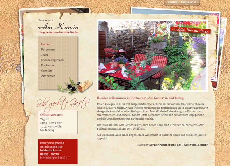Webseite für das bekannte Restaurant Am Kamin, Bad Breisig