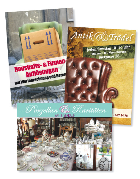 Gestaltung Flyer für Antik und Trödel, Haushaltsauflösungen und Porzellan & Raritäten