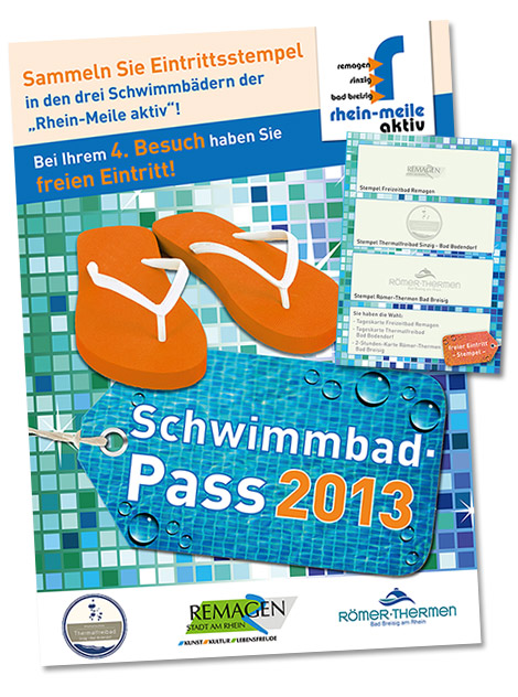 "Schwimmbad-Pass" und Plakat für Rhein-Meile aktiv e.V., Sinzig