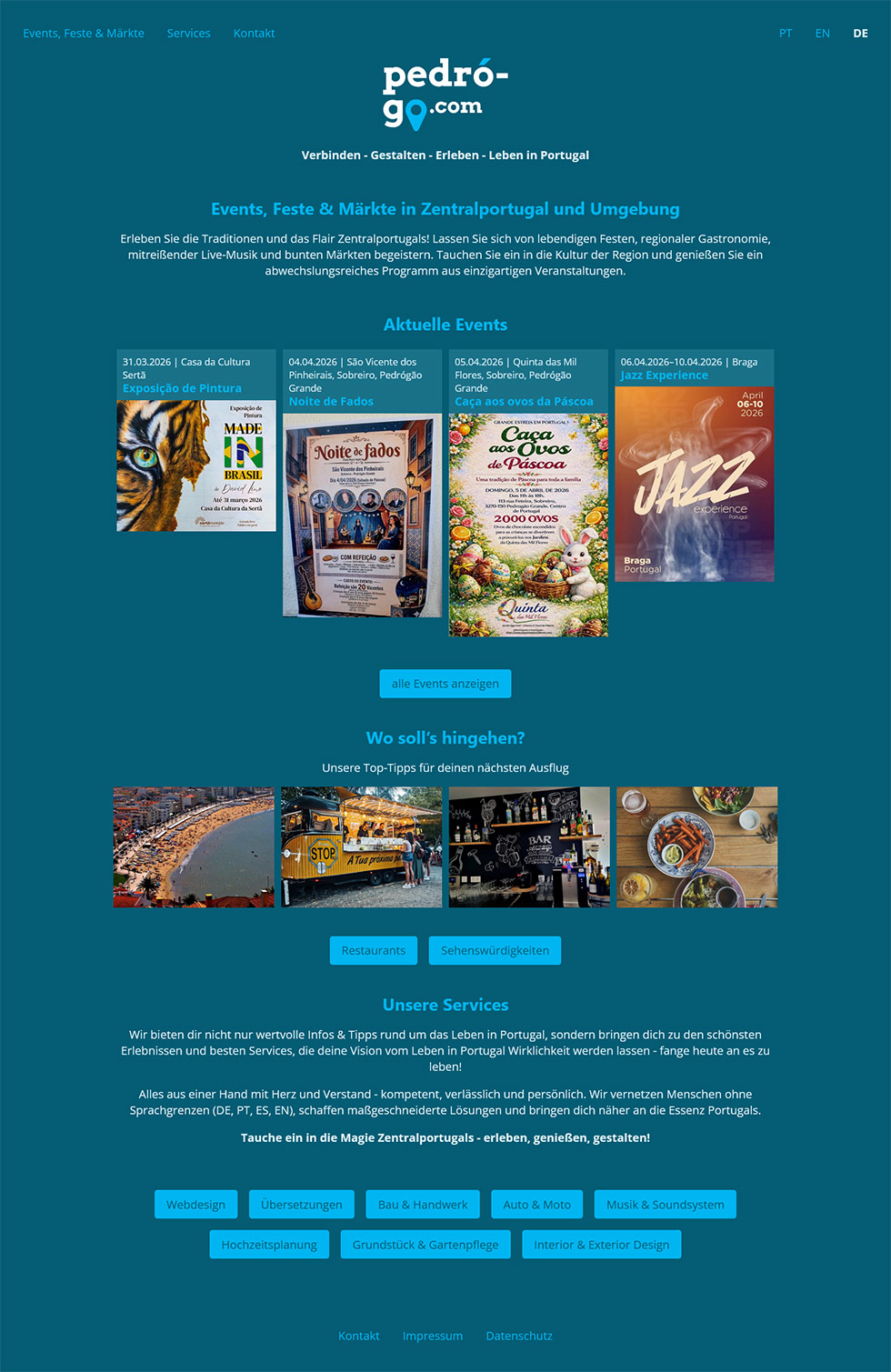 Eine dreisprachige Webseite für portugiesische Events, Veranstaltungen und Services