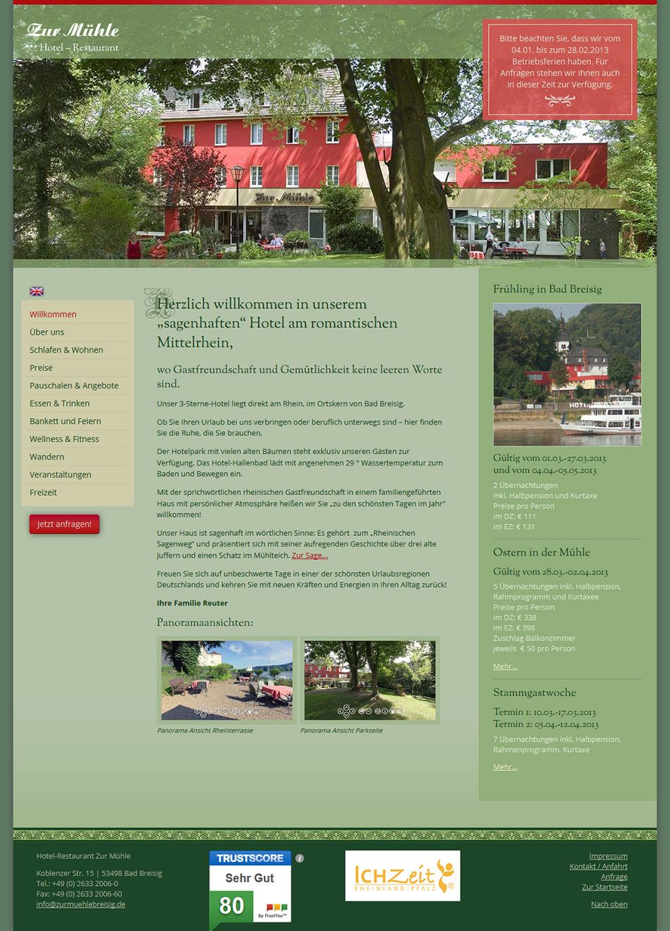 Gestaltung und Webdesign einer flexiblen, mobiltauglichen Webseite für das Hotel / Restaurant Zur Mühle, Bad Breisig
