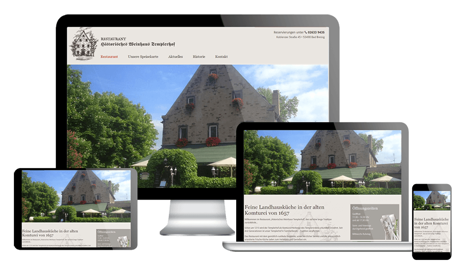 Gestaltung und Webdesign einer flexiblen, smartphone-tauglichen Webseite für Restaurant Templerhof, Bad Breisig